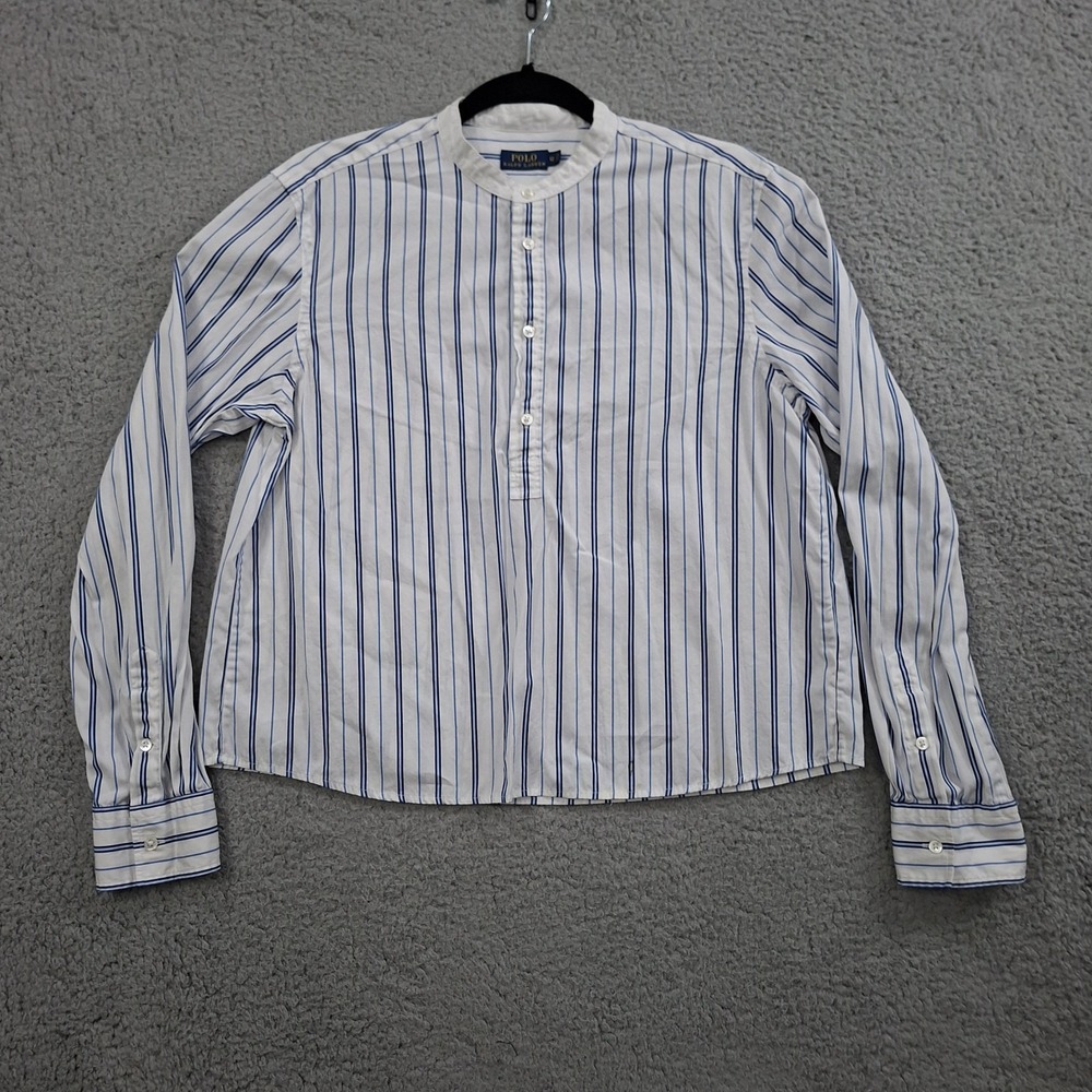 Lauren Ralph Lauren Women's Top 12 White/Blue Striped Long Sleeve Half Button Up